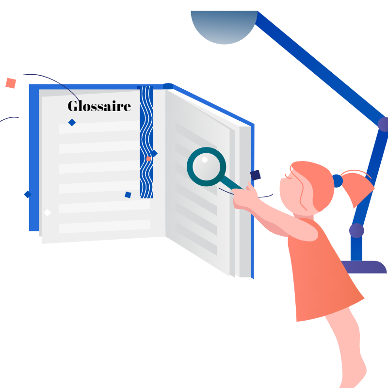 Vector illustration of a little girl looking at a glossary with a magnifying glass