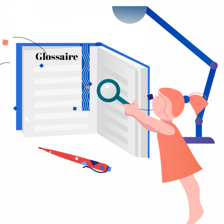 Vector illustration of a little girl looking at a glossary with a magnifying glass